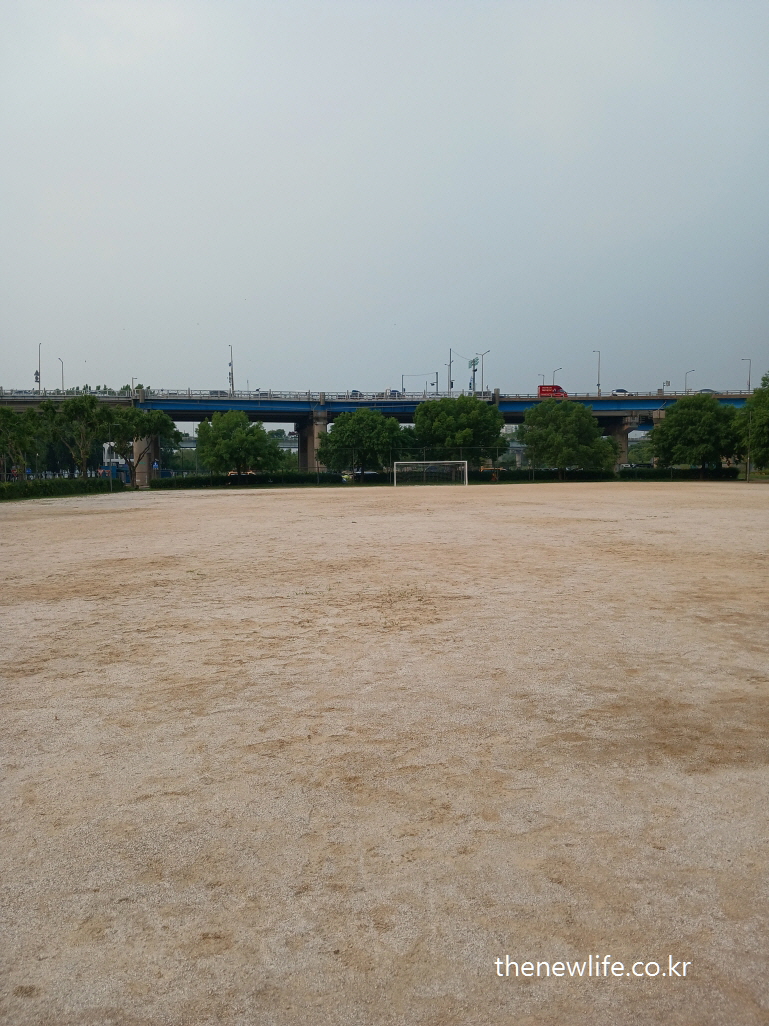Centered view of the soft dirt soccer field at Gwangnaru Hangang Park-광나루 한강공원 내 부드러운 맨발 걷기 흙으로 조성된 축구장의 중앙 전경