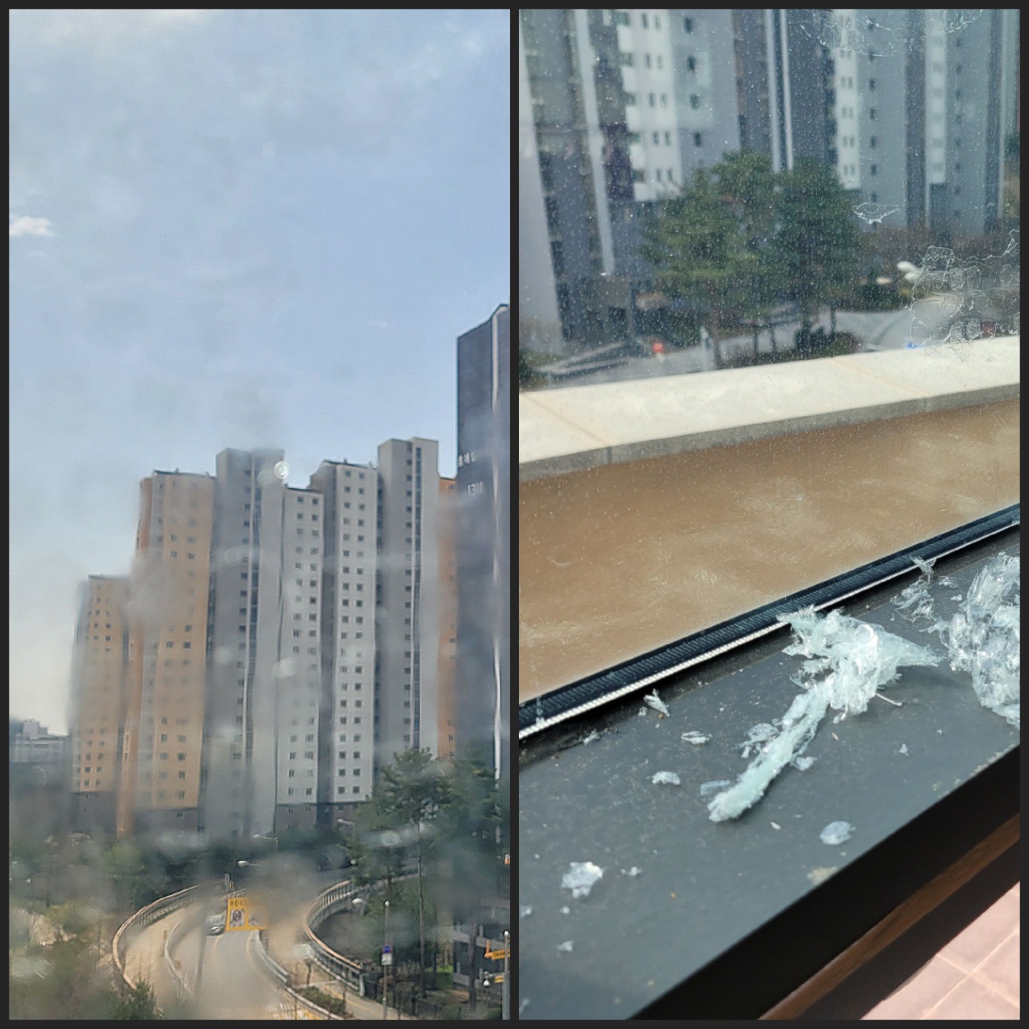 창문에 눌어붙은 뽁뽁이와 뽁뽁이를 뗄때 날리는 비닐 가루들