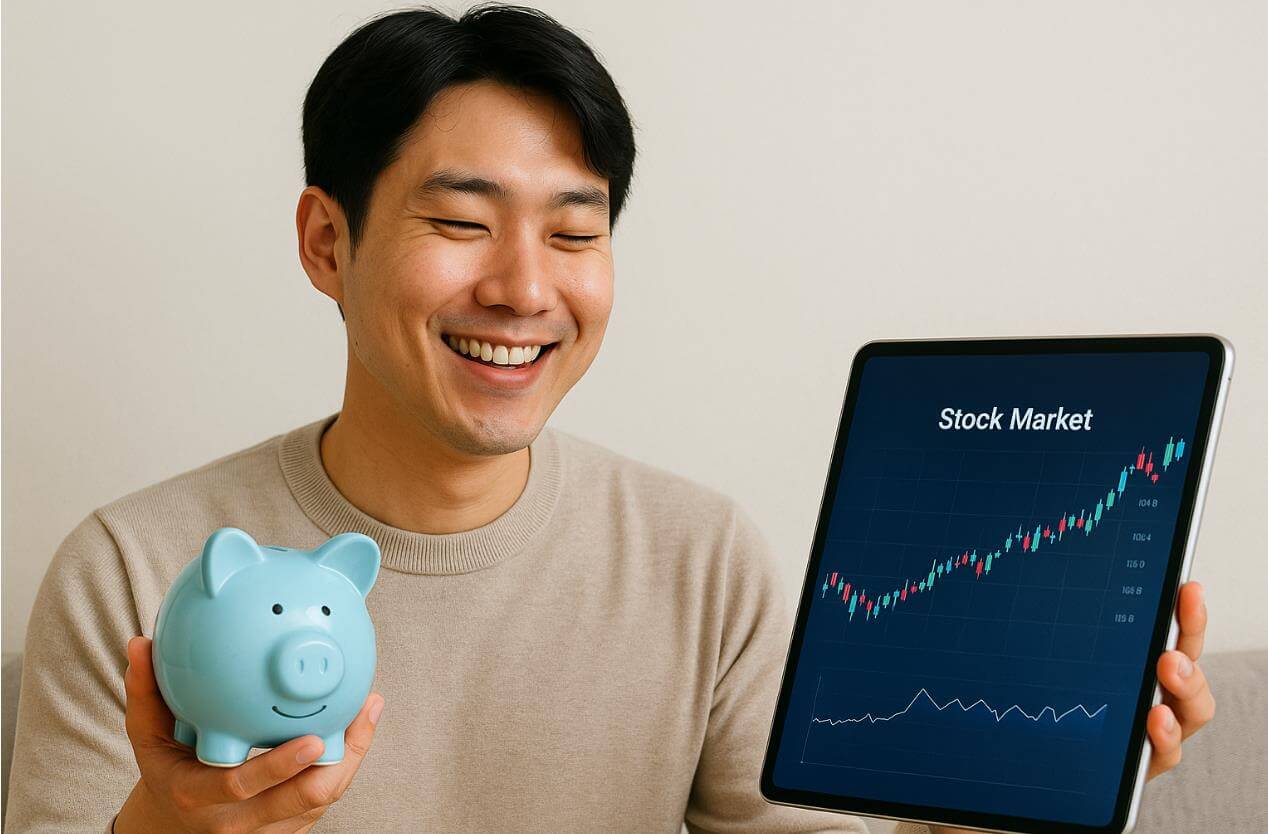 저금통과 주식시장 상승 그래프를 보이며 미소 짓는 남성.