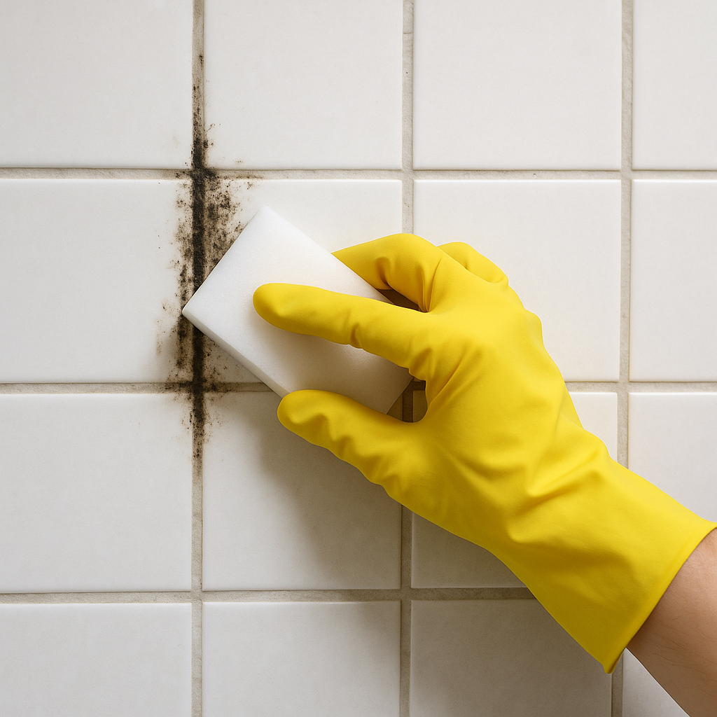욕실 타일 곰팡이를 제거 중인 손