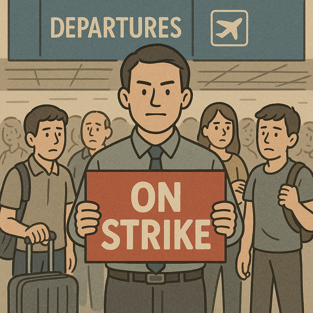 공항 근무자들이 파업하는 것을 묘사한 그림