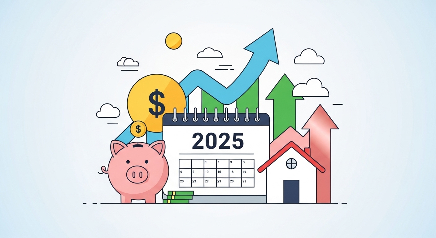 2025년 달력과 주택, 저금통 아이콘이 함께 있는 이미지로, 신혼부부 정책 변화를 상징함