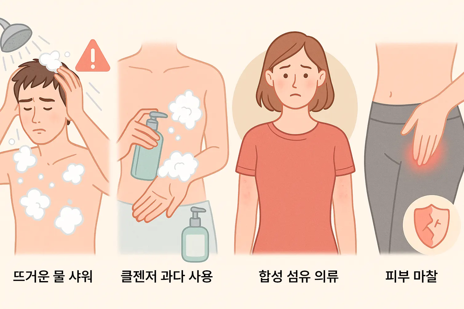 뜨거운 물로 샤워하는 장면, 거품이 많은 바디워시 사용, 합성섬유 옷으로 피부가 붉어지고 자극받은 모습, 꽉 끼는 옷이 피부에 마찰을 주는 장면