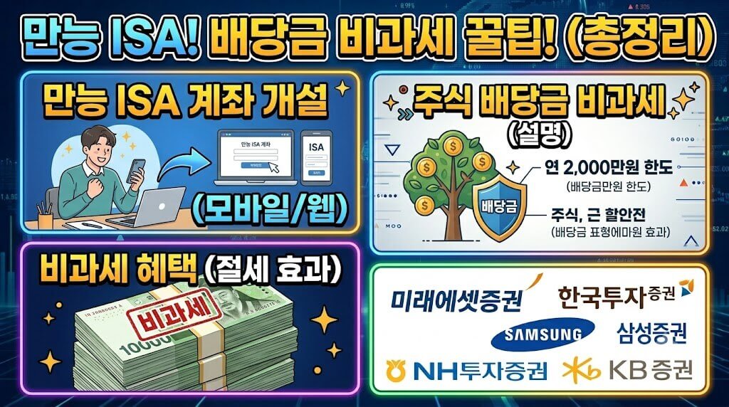 만능 ISA 계좌 개설 이미지, 주식 배당금 비과세 설명, 대형 증권사 로고들