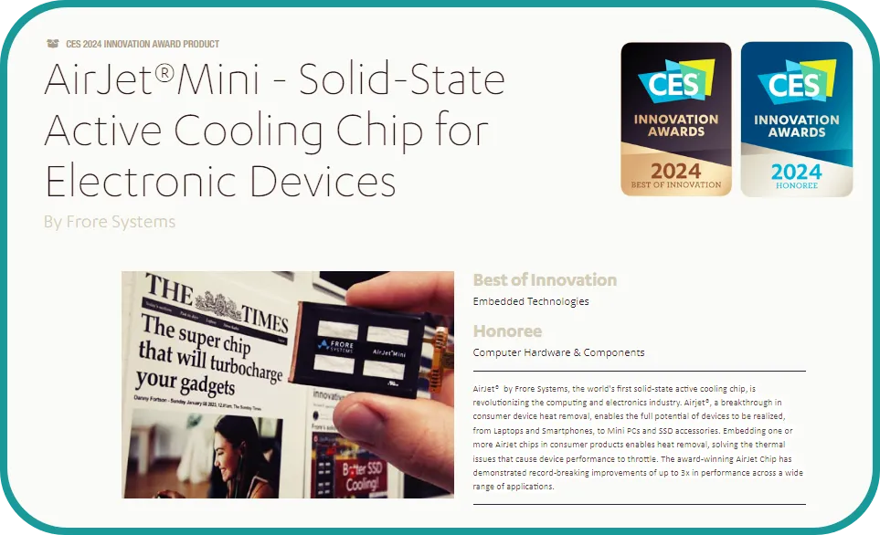 Frore Systems의 부품냉각기술 Airjet Mini 최고혁신상 ces2024