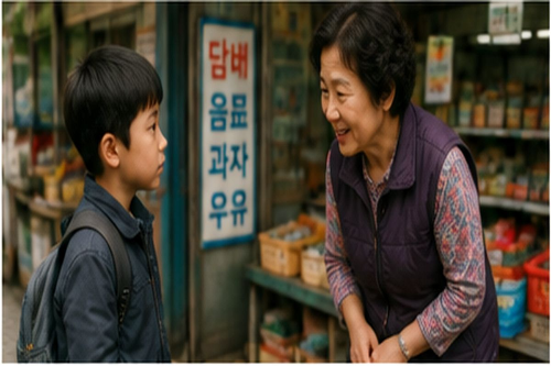 가방을 멘 어린이가 낯선 동네 가게 앞에서 어른에게 길을 묻는 모습