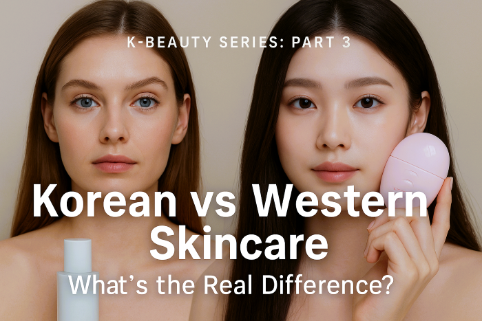 서양 여성과 한국 여성이 각기 다른 스킨케어 제품을 들고 있는 모습 – K-뷰티와 서양 뷰티의 차이를 상징적으로 표현한 이미지