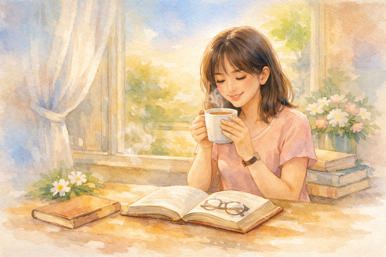 Watercolor-style illustration of a 22-year-old woman enjoying coffee and reading a book by a sunlit window