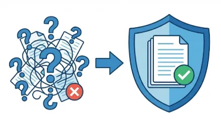 종합소득세 필요경비: 왼쪽의 혼란스러운 물음표와 X표시가 된 문서 더미가 오른쪽의 방패 아이콘 속 정돈된 문서와 초록색 체크 표시로 변하는 과정을 표현한 플랫 디자인 일러스트. 세무조사에 대한 막연한 불안감을 철저한 사전 준비로 안전하게 대비할 수 있음을 상징하는 이미지.