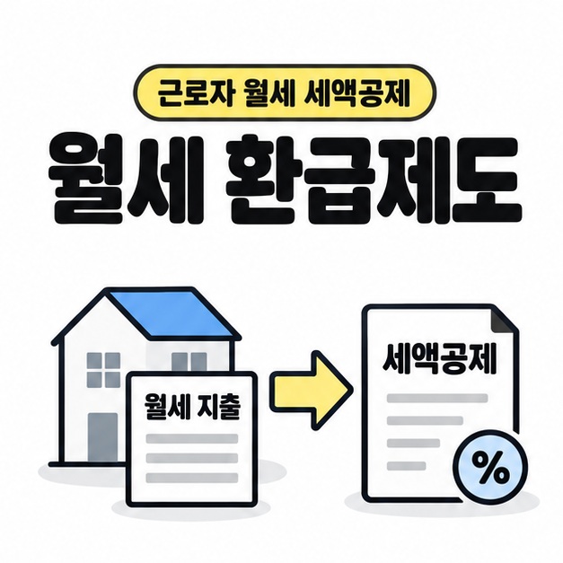 근로자 월세 세액공제라는 안내와 월세 환급제도 제목 아래 주택 앞 월세 지출 문서에서 세액공제 문서로 이어지는 노란 화살표를 배치한 대표 이미지