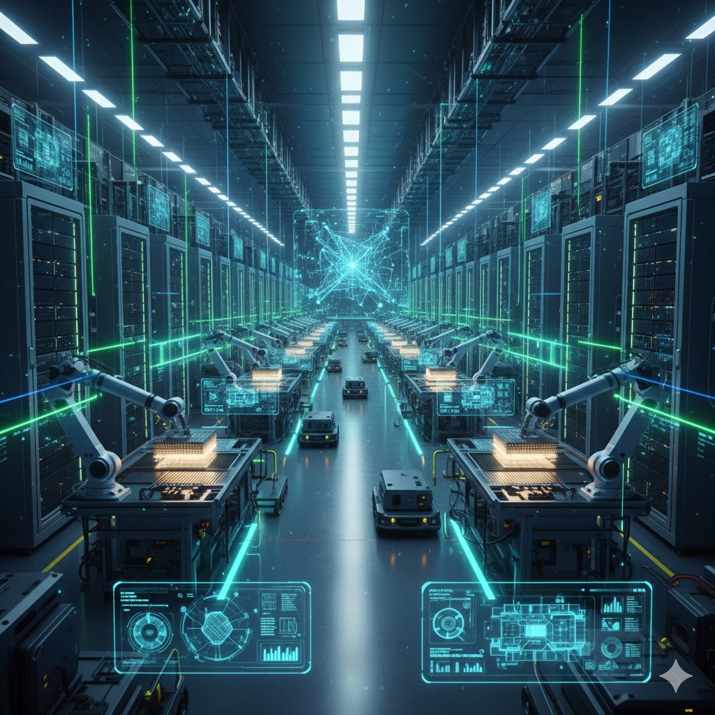 이 이미지는 미래 지향적인 고도로 자동화된 반도체 AI 메가팩토리의 내부를 보여줍니다. 넓은 통로 양옆으로 수많은 서버 랙들이 늘어서 있고, 밝은 푸른색과 녹색의 빛을 내는 데이터 흐름과 연결선들이 공간을 가로지르고 있습니다. 통로 중앙으로는 자율 이동 로봇(AMR)들이 움직이고 있으며, 각 작업대에는 정밀한 로봇 팔들이 반도체 생산 작업을 수행하는 모습이 보입니다. 전반적으로 차갑고 미래적인 분위기를 강조하며, AI와 자동화 기술이 집약된 첨단 생산 시설의 모습을 연출합니다.