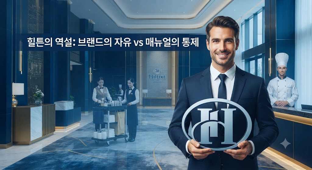 호텔 산업의 사례입니다. 럭셔리한 힐튼 호텔 로비의 전경을 보여줍니다. 한편으로는 '힐튼'이라는 거대한 브랜드를 사용할 수 있는 자유를 주지만, 다른 한편으로는 직원들이 본사에서 내려온 엄격한 매뉴얼(복장, 청소 상태 등)을 칼같이 따르는 모습을 대비시켜 '허락받은 조건부 자유'를 표현했습니다.