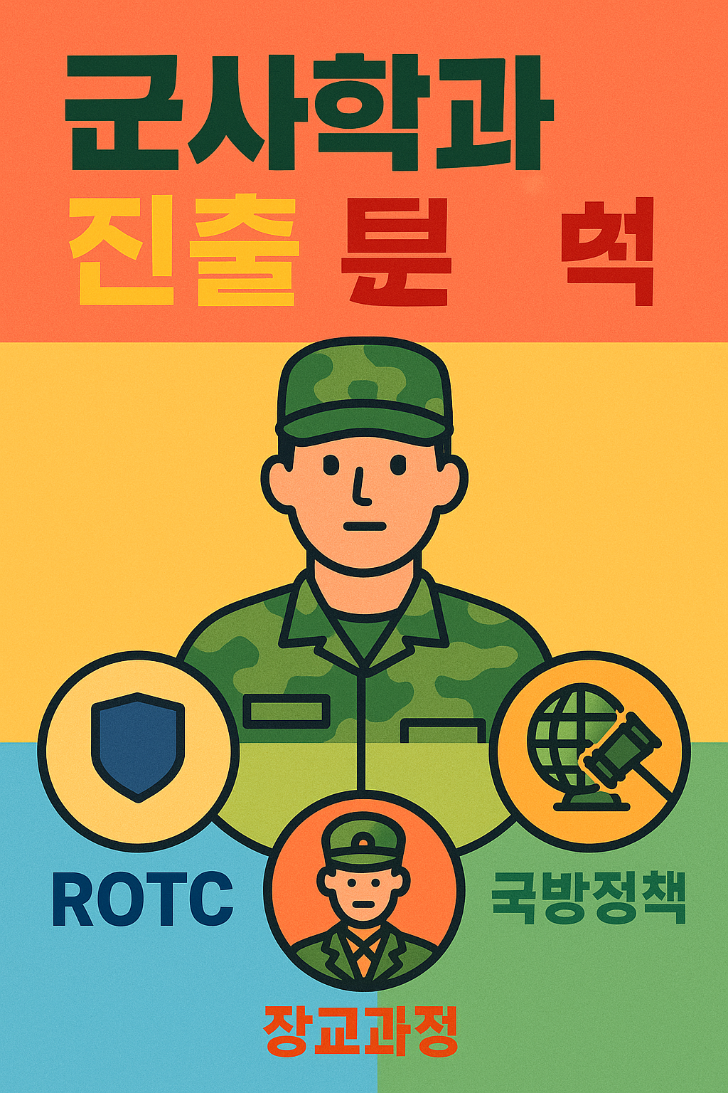군사학과 진출 분석 포스터. 위쪽에는 다채로운 색의 글자로 '군사학과 진출 분석'이 쓰여 있고, 중앙에 군복을 입은 군인이 있으며, 하단에는 'ROTC', '장교과정', '국방정책'을 나타내는 원형 아이콘들이 배치되어 있음."