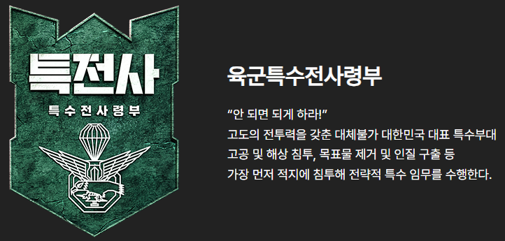 강철부대w 부대 소개.
특전사 : 안되면 되게 하라