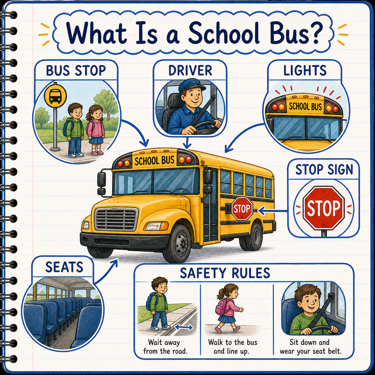 Infographic explaining school bus, bus stop, driver, stop sign, lights, seats, and safety rules