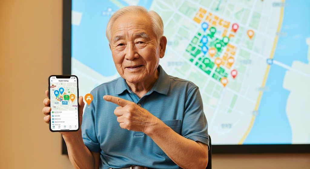 스포츠 시설 지도 앱이 켜진 스마트폰을 들고 있는 한국인 어르신 남성