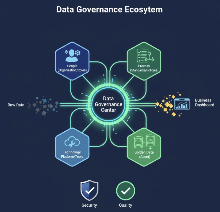 조직의 사람, 프로세스, 기술이 통합되어 데이터 표준, 품질, 보안을 전사적으로 관리하는 데이터 거버넌스의 구성 체계와 데이터 자산화 과정을 설명하는 개념도.