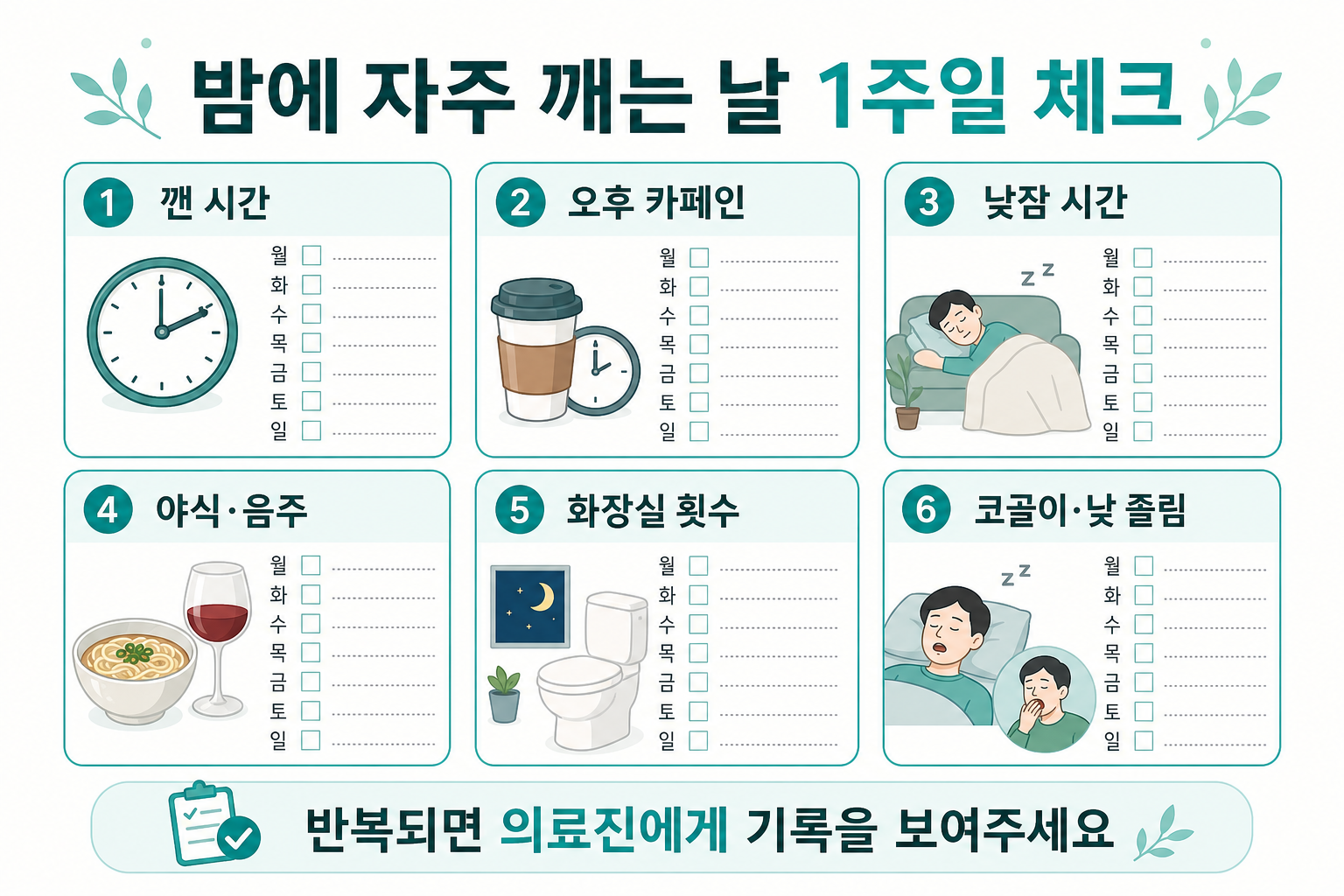 밤에 자주 깨는 사람을 위한 수면 습관과 병원 상담 신호 카드