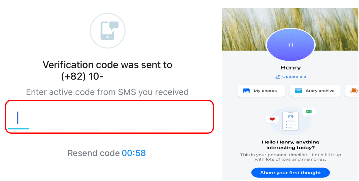zalo-전화번호 인증화면