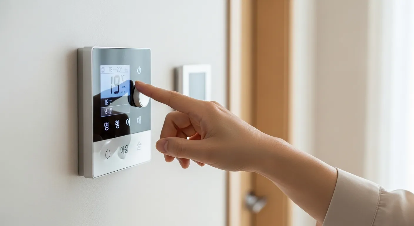 한국 가정의 보일러 온도 조절기 패널. 외출 모드를 설정하거나 적정 온도를 조절하는 손.