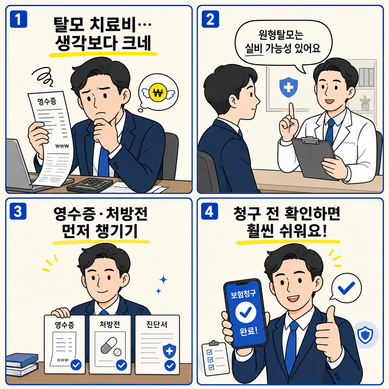 탈모 치료비가 부담되는 상황에서 병원 상담을 통해 실비보험 가능성을 확인하고, 영수증과 처방전 등 서류를 챙겨 보험 청구를 준비하는 과정을 보여주는 네컷만화.