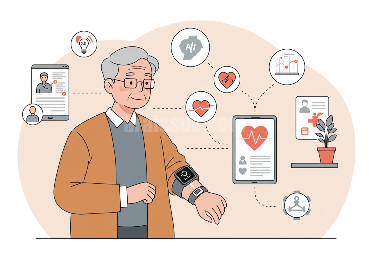 웨어러블 건강 모니터링 기기를 착용한 한국 노년 남성이 스마트홈 환경에 서 있는 평면 벡터 일러스트.
AI와 디지털 헬스 시스템을 상징하는 아이콘이 배경에 포함되어 있으며, 파스텔 톤과 단순 선화 스타일로 구성된 공공 캠페인형 이미지입니다.
