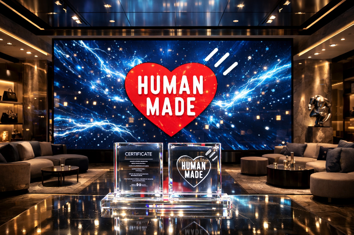 휴먼 메이드 마크가 표시된 미디어 월과 크리스탈 인증서 패널이 있는 쇼룸