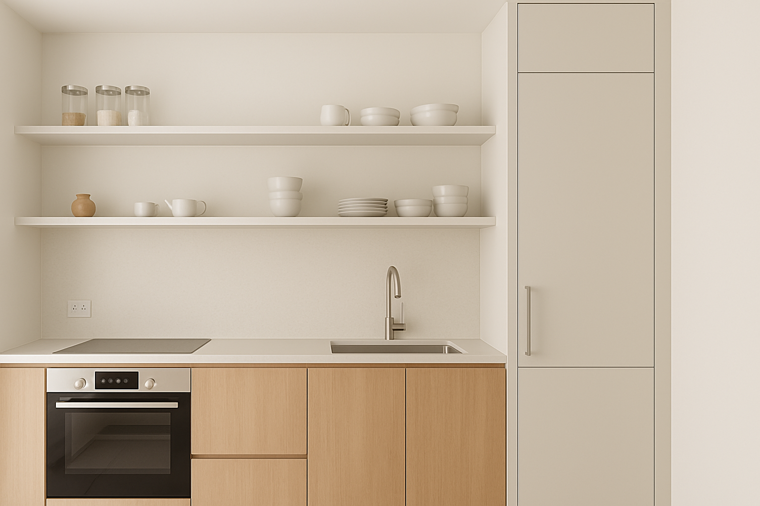 상부장 없는 오픈 선반과 밝은 원목 하부장이 있는 미니멀 모던 주방