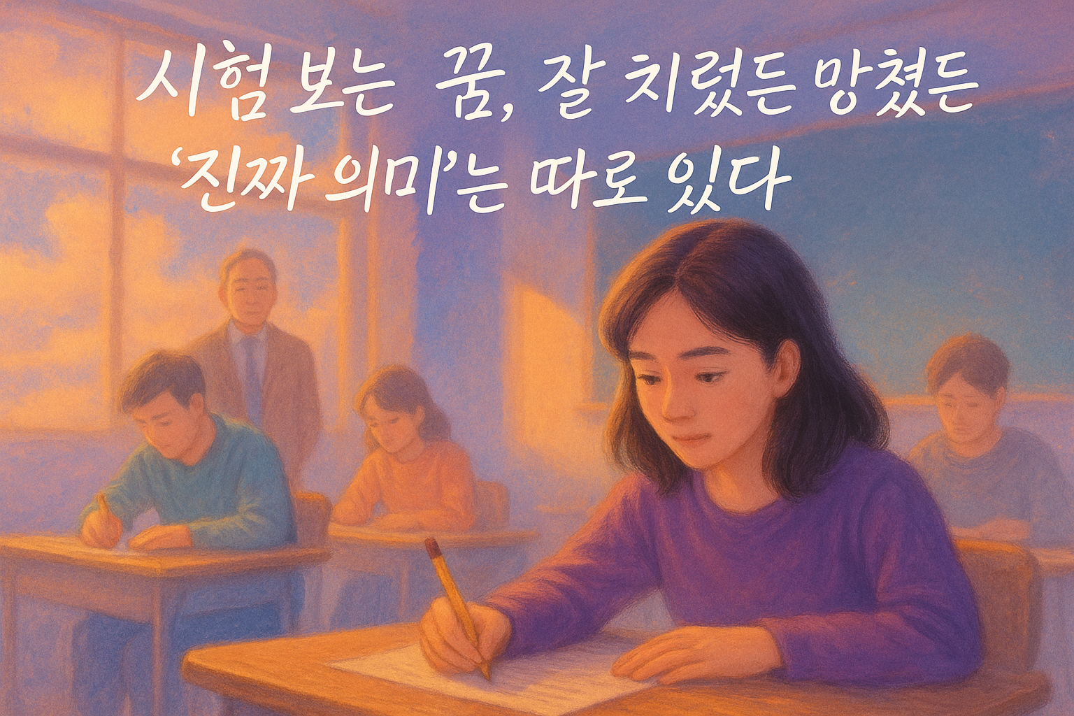 조용한 시험장에서 젊은 여성이 시험지를 바라보며 집중하는 장면의 몽환적 파스텔 일러스트, 하단에는 필기체로 ‘시험 보는 꿈의 진짜 의미’라는 문구가 들어 있음.