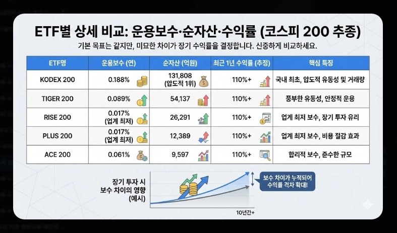 코스피200 ETF 전체 목록 [2026년] 운용보수&middot;순자산&middot;수익률 비교 및 목적별 추천