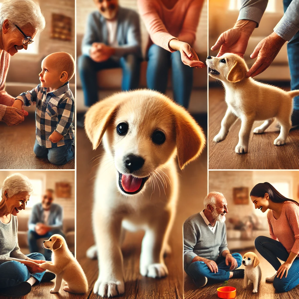 강아지가 어린이, 어른들과 교류하며 사회성을 기르는 모습