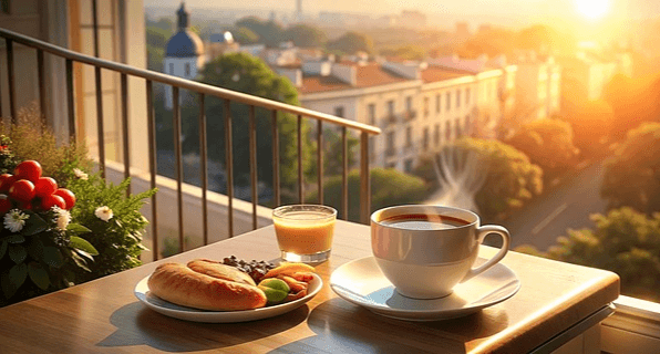 베란다 탁자에 아침식사가 있다. 블랙커피, 빵, 과일, 오렌지주스다. 멀리 하늘에 태양이 떠오른다.