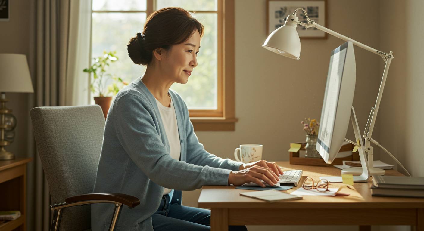골반 건강을 위해 중년 여성이 곧바른 자세로 앉아서 책상에서 일하는 모습이다.