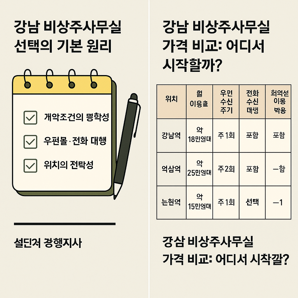 강남 비상주사무실 선택 기준과 지역별 가격 비교를 보여주는 인포그래픽. 왼쪽에는 체크리스트 아이콘과 함께 '계약조건의 명확성', '우편물·전화 대행', '위치의 전략성'이 강조되어 있고, 오른쪽에는 강남역, 역삼역, 논현역의 월 이용료 및 포함 서비스 비교 표가 시각적으로 정리되어 있음.