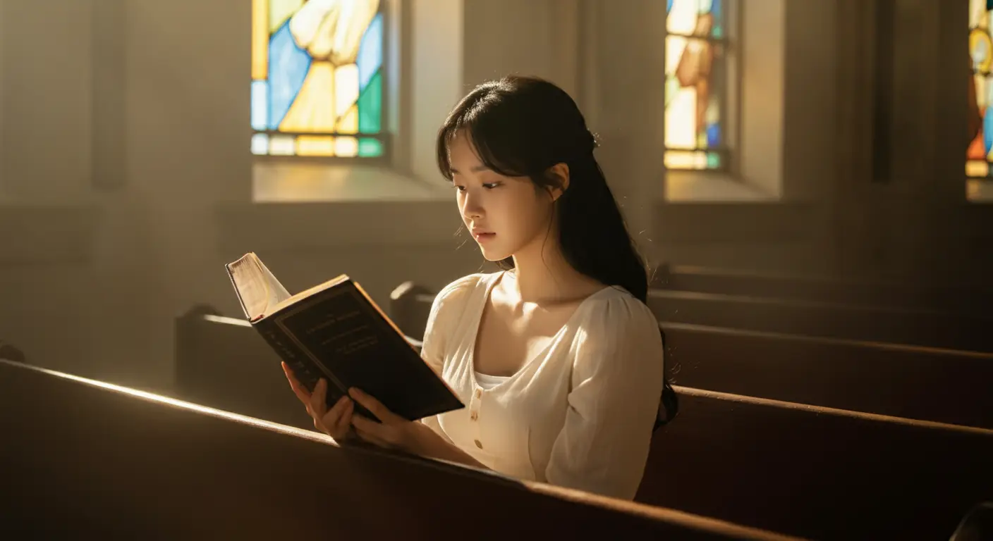 교회에서 성경을 읽는 여성