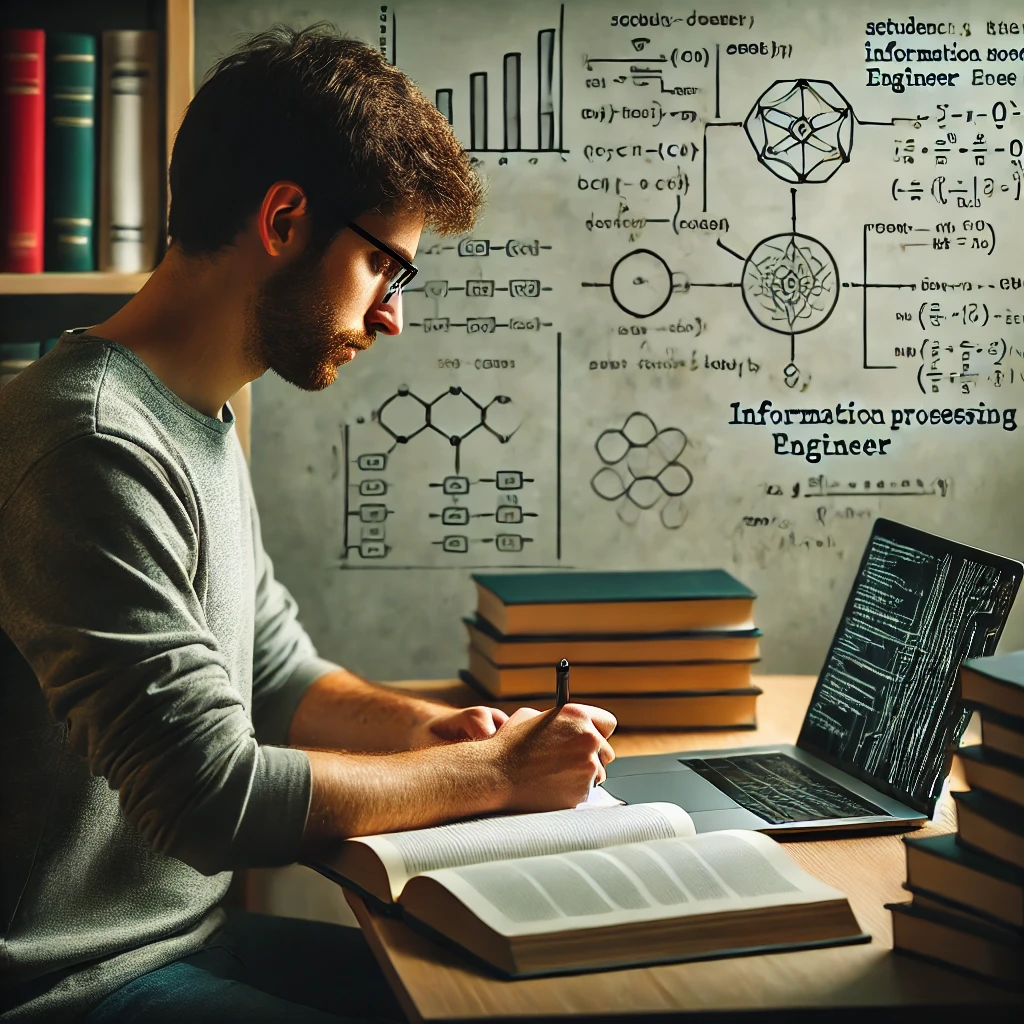 조용한 학습 공간에서 학생이 알고리즘 문제를 풀며 노트북과 참고 서적을 활용해 학습하는 장면