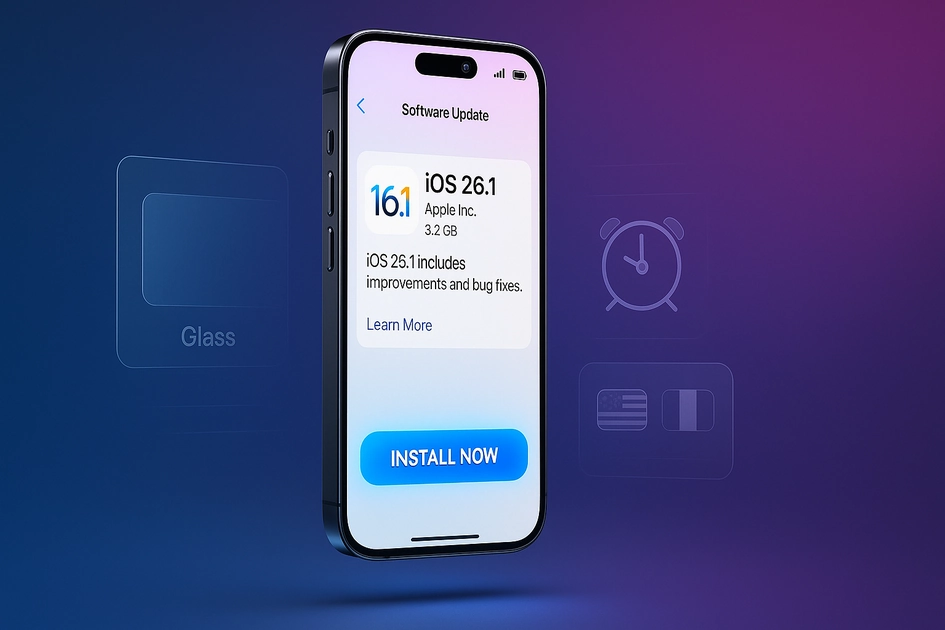 아이폰 iOS 26.1 업데이트 화면과 주요 신기능을 보여주는 3D 렌더링 이미지 - Liquid Glass 디자인, 알람 슬라이드, 다국어 지원 기능 포함
