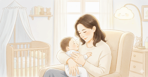 아기를 재우고 있는 엄마 모습