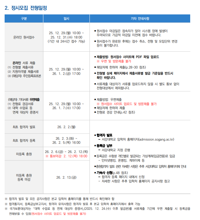 서강대 정시모집 전형 일정