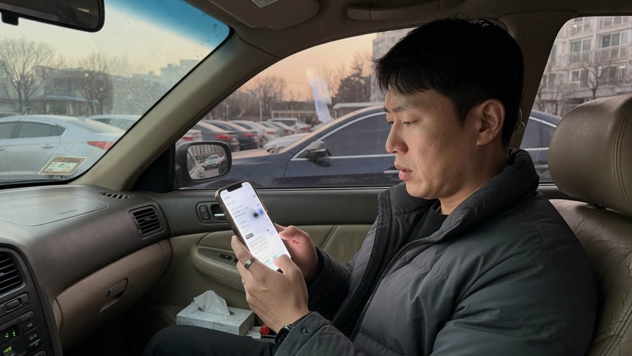 차 안에서 통행 내역 화면을 보는 장면