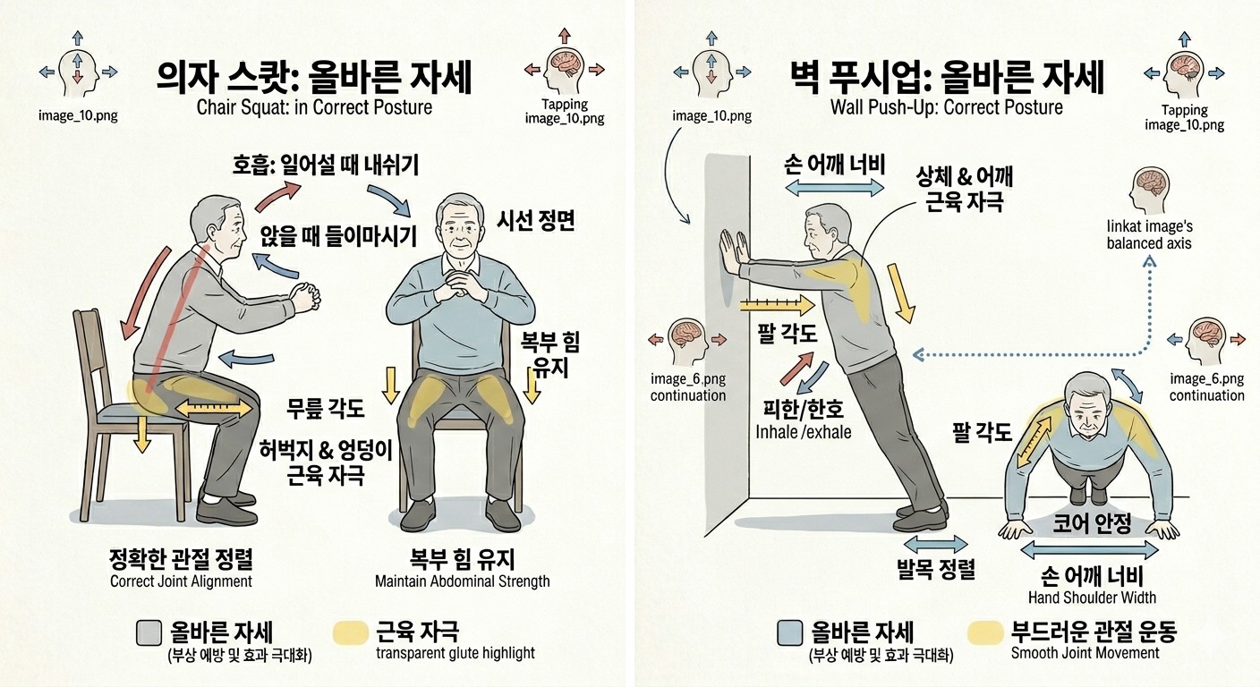 - 의자 스쾃 올바른 자세: 왼쪽의 유형별 단면도를 보시면, 측면과 정면 단면도를 통해 무릎과 골반의 정확한 각도와 허벅지 및 엉덩이 근육의 자극(yellow highlight and downward arrows)을 직관적으로 비교했습니다. 호흡법(일어설 때 내쉬기, 앉을 때 들이마시기)과 핵심 주의사항(무릎 각도, 허벅지 &amp; 엉덩이 근육 자극, 복부 힘 유지, 시선 정면)을 확인할 수 있습니다.

- 벽 푸시업: 올바른 자세: 오른쪽의 유형별 단면도를 보시면, 측면과 정면 단면도를 통해 팔과 어깨의 정확한 각도와 상체 및 어깨 근육의 자극을 비교했습니다. 핵심 주의사항(손 어깨 너비, 팔 각도, 상체 &amp; 어깨 근육 자극, 코어 안정)을 확인할 수 있습니다.
이미지 출처: Gemini AI 생성