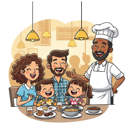 행복한 가족과 식당 사장님