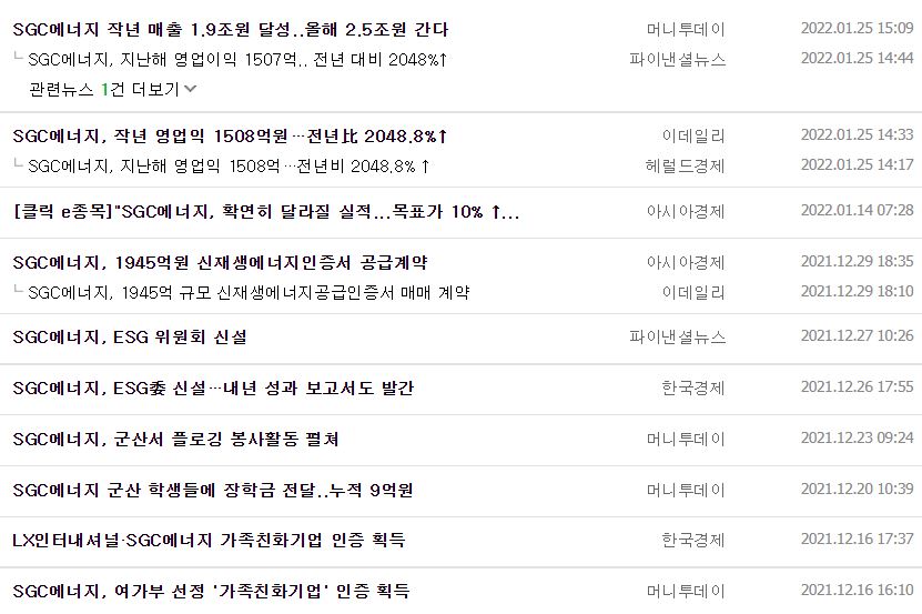 SGC에너지 뉴스, 공시