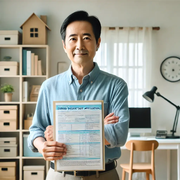 근로장려금 신청서를 들고 집에서 자신감 있게 서 있는 동양인 중년 남성의 초고해상도 사진