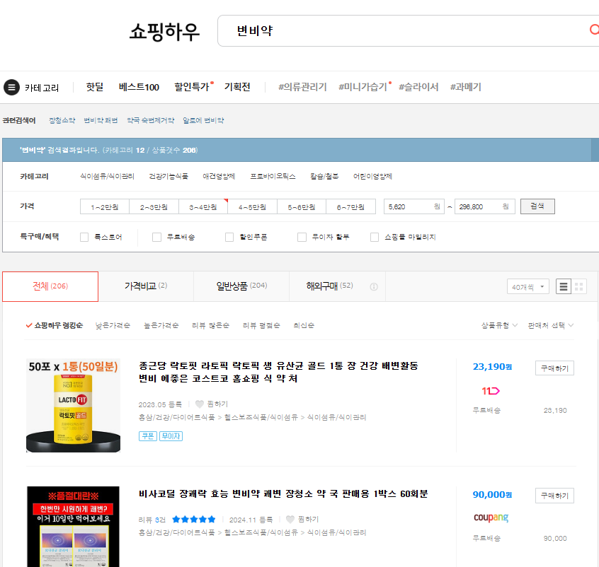 돌코락스 성분 가격 먹는법 변비약가격비교(출처-쇼핑하우 홈페이지)