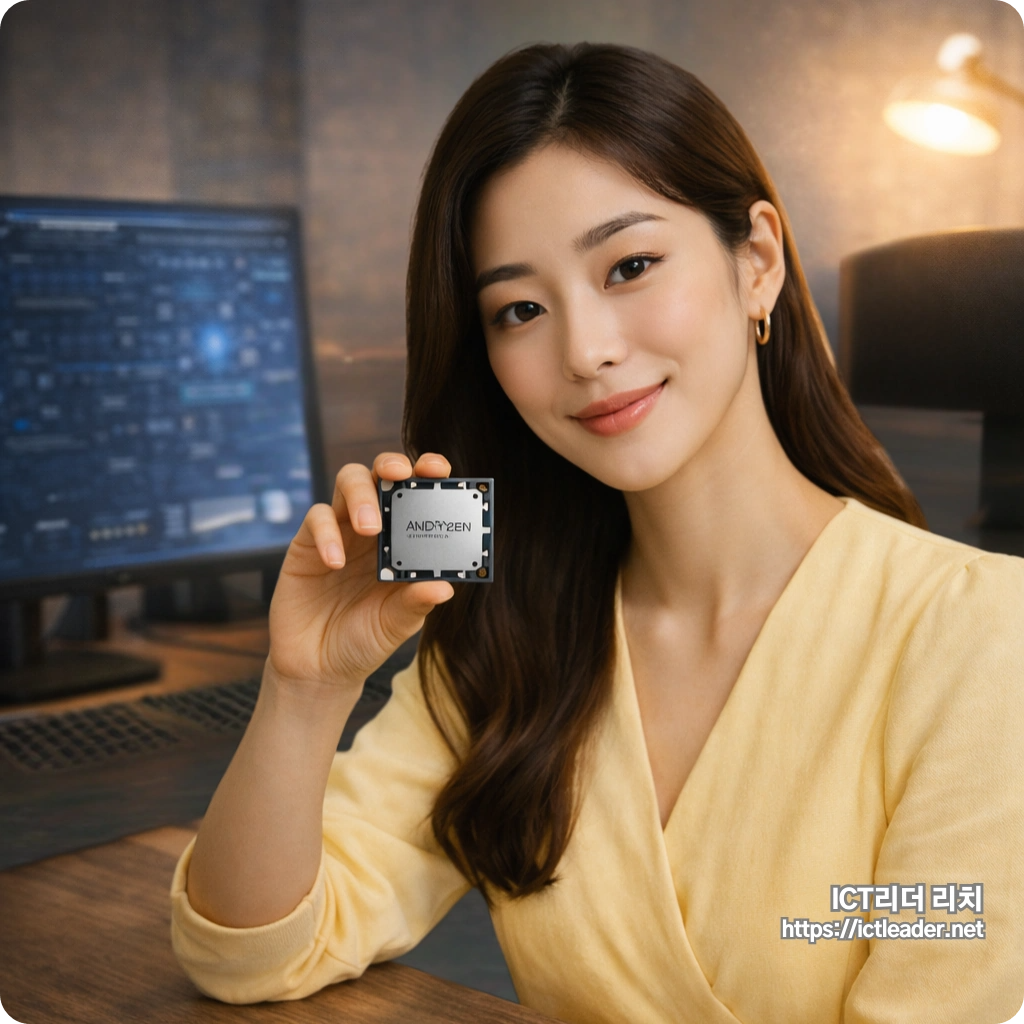 책상 앞에서 AMD 라이젠 CPU를 자연스럽게 들고 있는 밝은 피부의 20대 한국 여성의 실사 대표 이미지