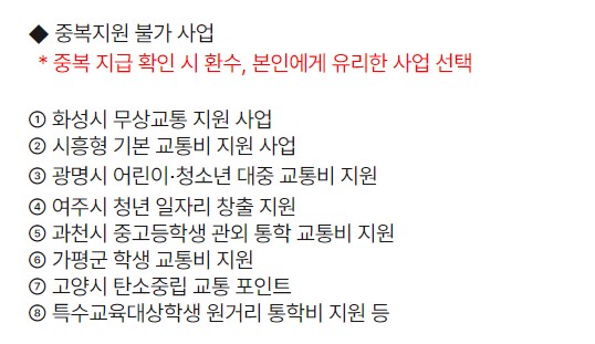 중복지원불가사업(출처:어린이 청소년 교통비지원사업)