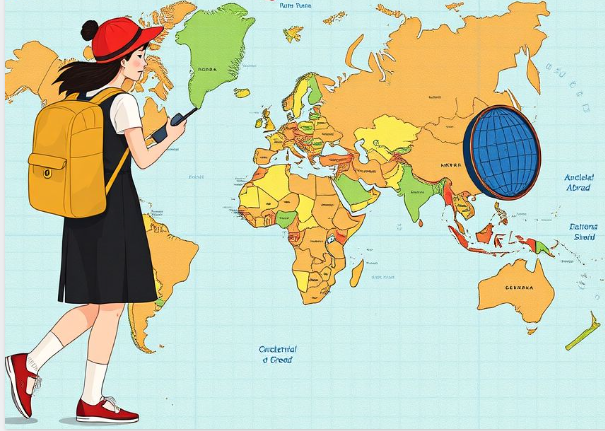 유학, 유학을 떠나는 학생들이나 유학 생활을 다룬 이미지, 유학 준비와 관련된 요소 포함