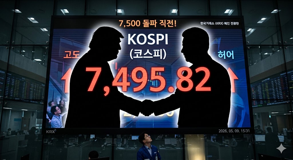 코스피 전광판에 7,495.82 등 7,500 돌파 직전의 숫자가 찍혀 있고, 배경으로 트럼프와 시진핑이 악수하는 실루엣이 겹쳐진 이미지
