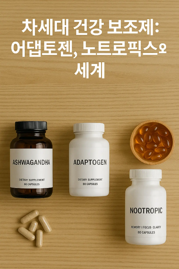 스튜디오 배경 위에 정렬된 어댑토젠, 노트로픽스, 파우더 보충제와 나무 스푼